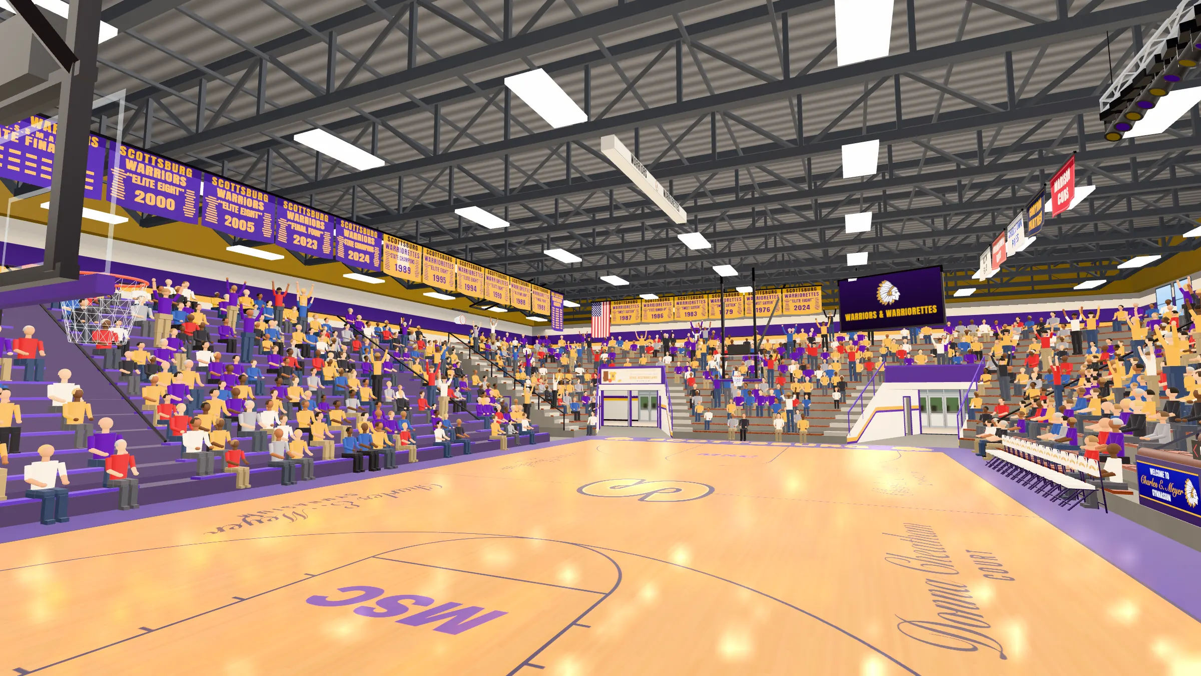 Inside the Meyer Gym: the court, packed stands and championship banners in purple and gold